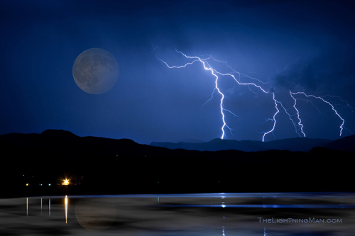 Misty Lake Full Moon Lightning Storm