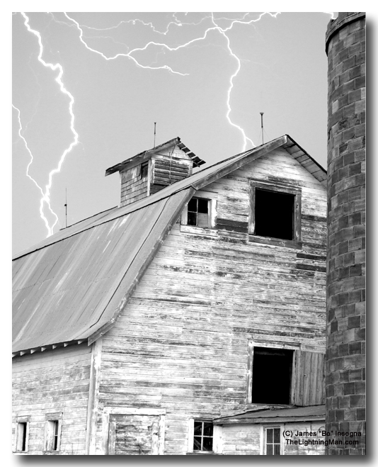 Ole<br /> <h2>Black and white Barn, lightning sky  