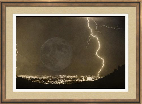 Full Moon Lightning Bolt City Lights Fine Art Framed Print