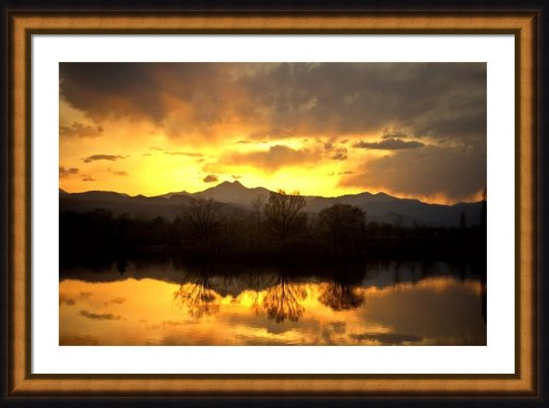 Majestic Sunset Golden Ponds Longs Peak  Reflections Framed Fine Art Print