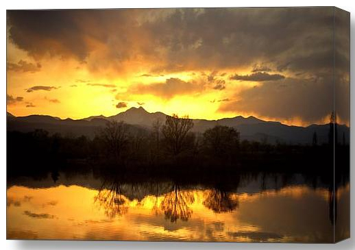 Majestic Sunset Reflections Golden Ponds Longs Peak Stretched Canvas Print / Canvas Art