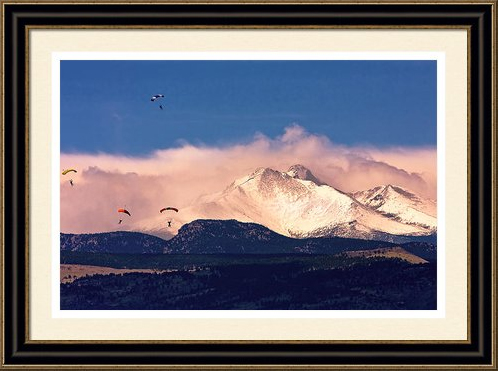 Skydivers and Longs Peak Colorado Framed Print