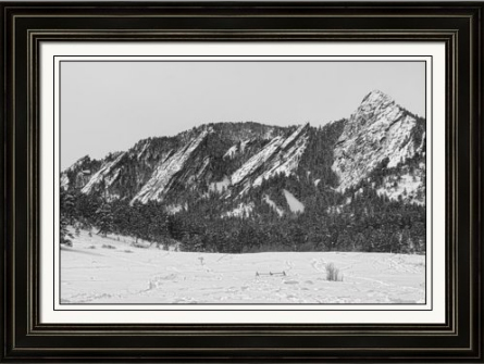 Boulder Colorado Flatirons With Snow BW Framed Fine Art Print