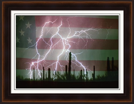 Lightning Storm in the USA Desert Flag Background Framed Print