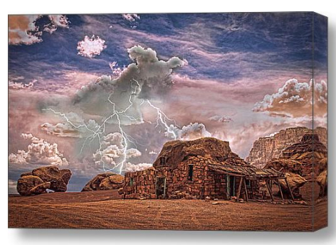 Southwest Navajo Rock House and Lightning Strikes HDR Stretched Canvas Print / Canvas Art