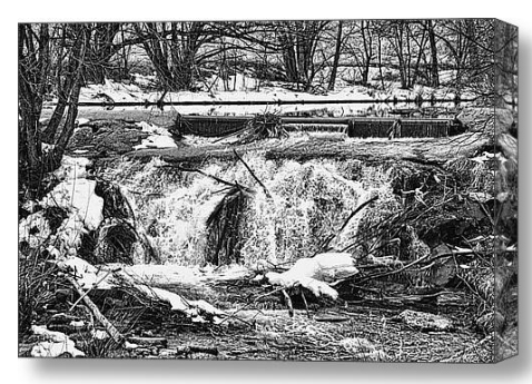 St Vrain River Waterfall Black and White Stretched Canvas Print