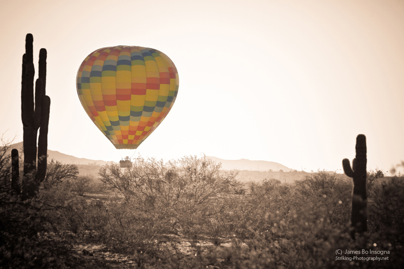 Hot Air Balloon On the Arizona Sonoran Desert In Fine Art photography print BW