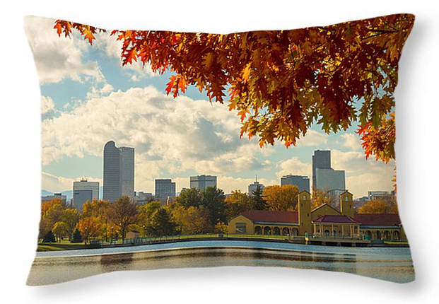Denver Skyline Fall Foliage View Throw Pillow 20" x 14"
