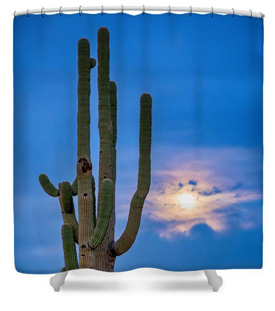 Giant Saguaro Cactus Golden Cloudy Full Moonset Shower Curtain