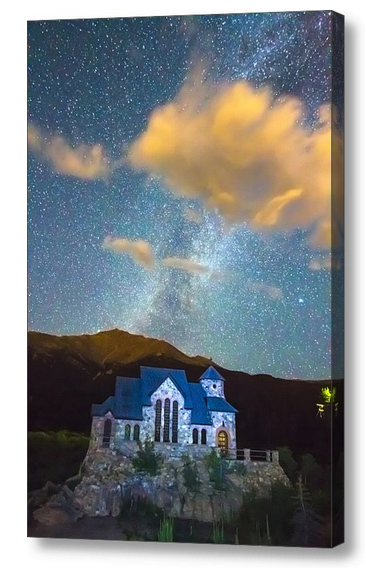 Magical Chapel On The Rock Milky Way Sky Canvas Print