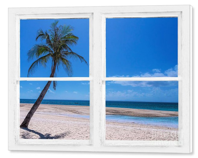Tropical Paradise Whitewash Picture Window View Canvas Print