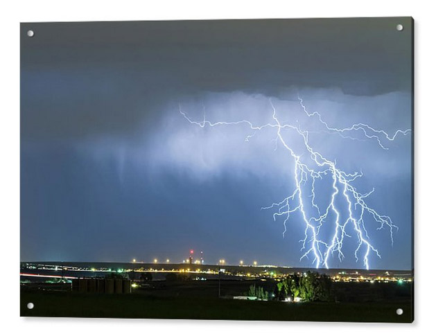 Northeast Colorado Lightning Strike And City Lights Acrylic Prin