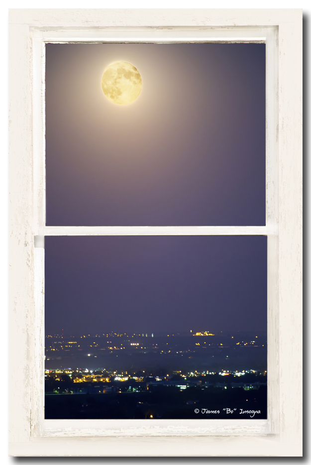 Super Moon Over City Lights View Through White Rustic Window